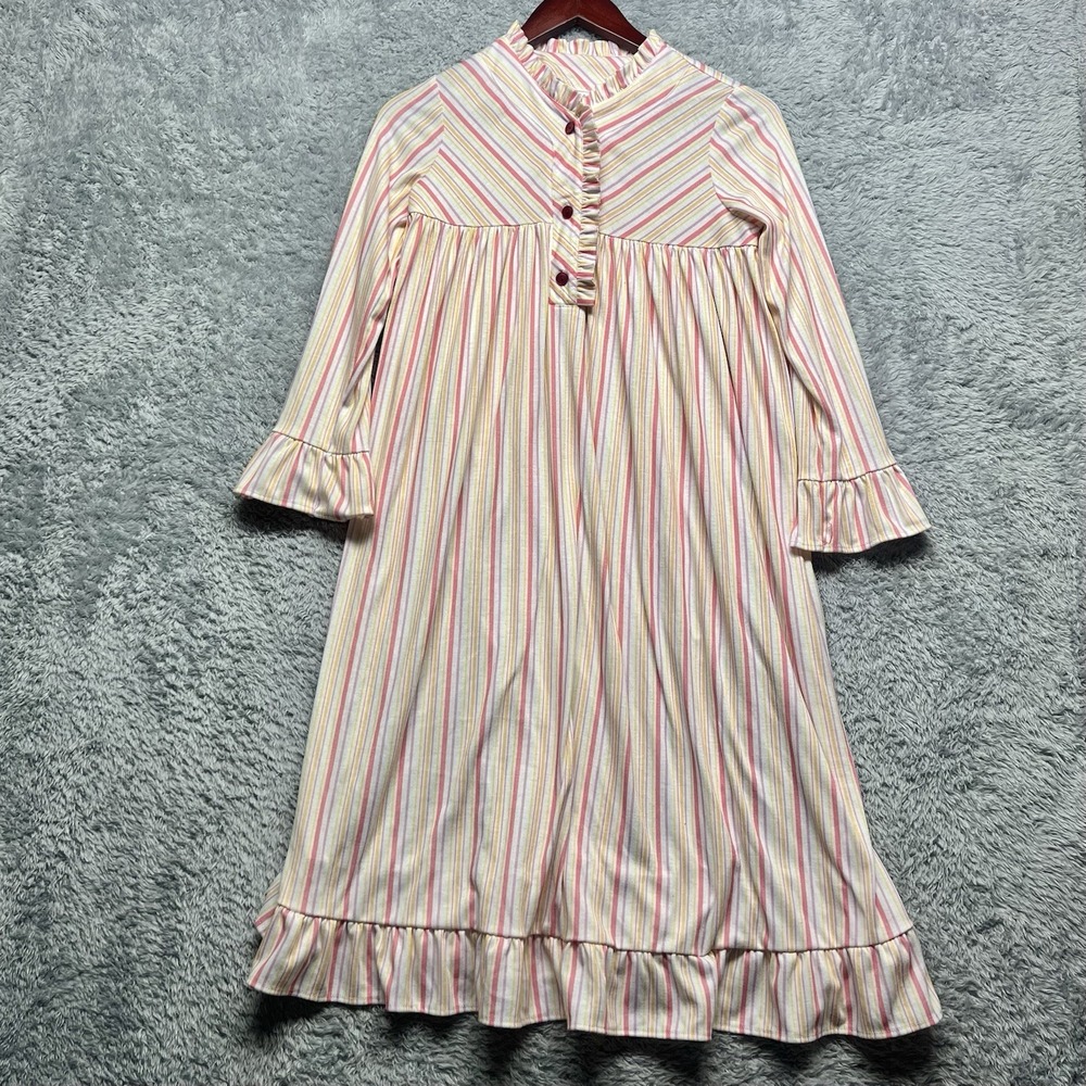 American Girl Nightgown Girls Medium Pink Striped Ruffles Placket Bodice Retired